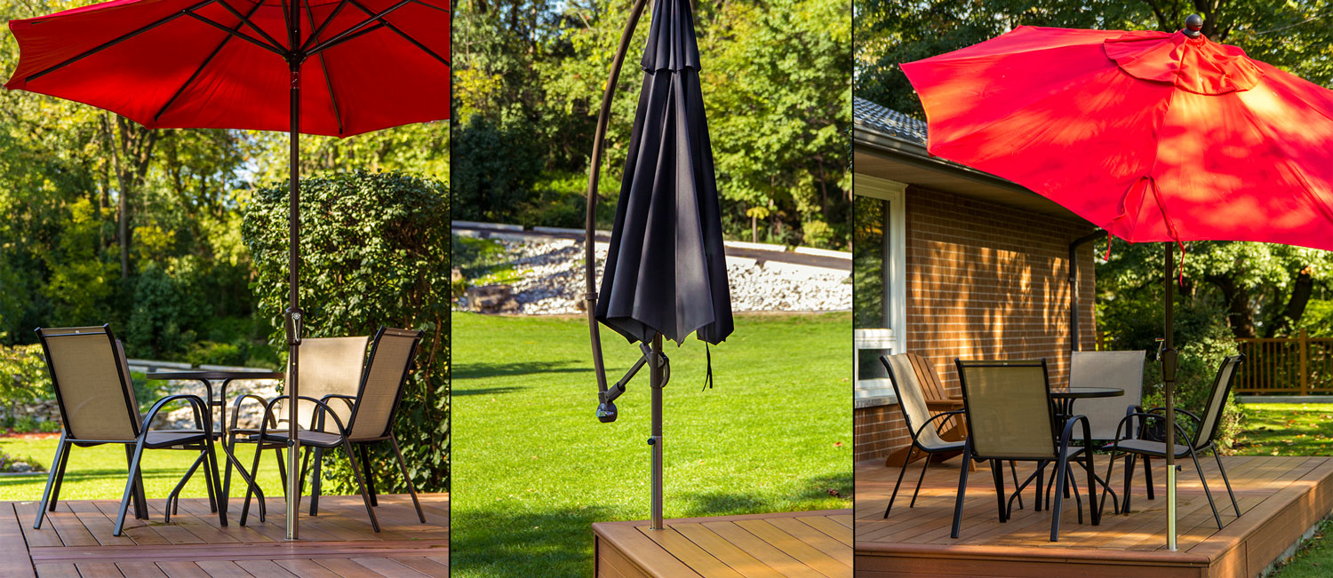 Three images of the Deck'Umbs umbrella holder in various positions on a deck
